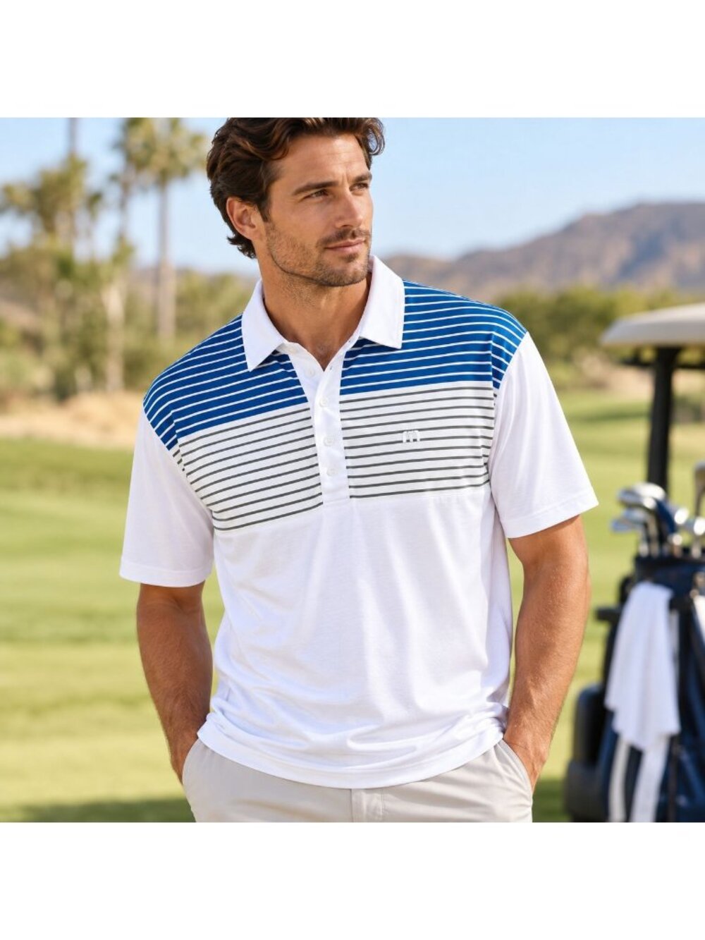 NWT TravisMathew Alan Golf Polo XL White Blue Stripe Pima Cotton Performance